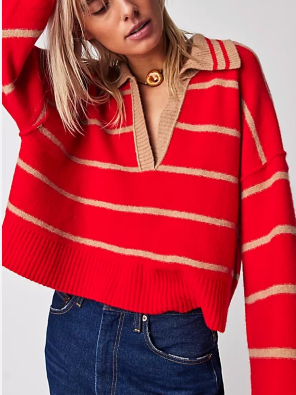 Free People Sz S Sweater Red Camel V-Neck Striped Cashmere Cozy Luxury Preppy
